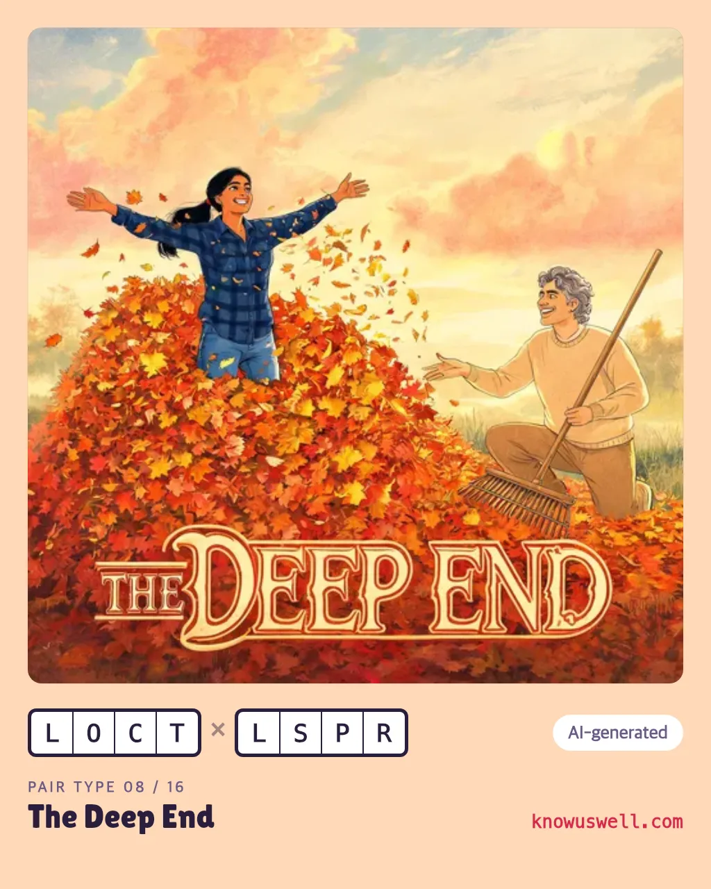 Example finished The Deep End card — both friends in the picture, with both four-letter codes and the pair type name printed underneath