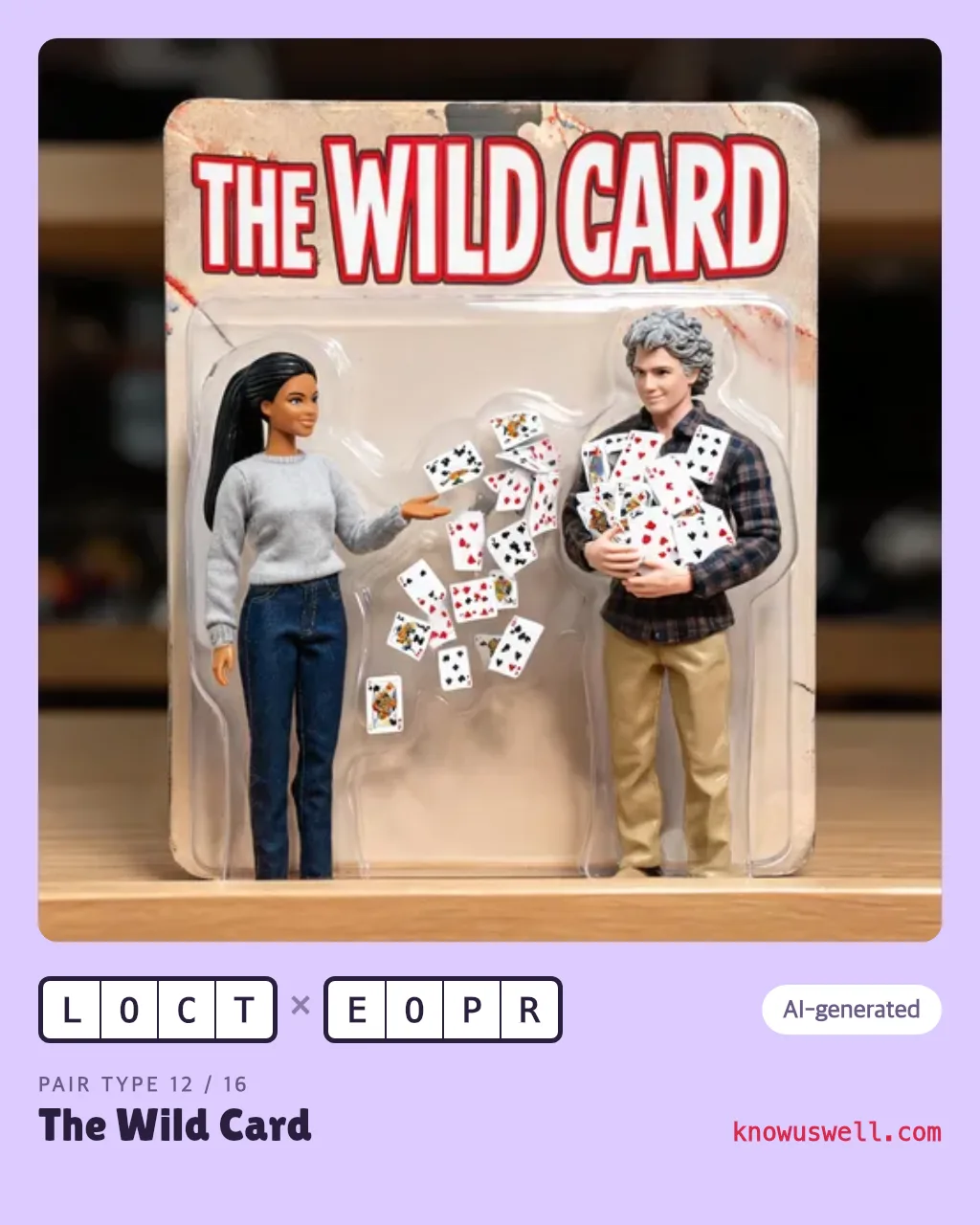 Example finished The Wild Card card — both friends in the picture, with both four-letter codes and the pair type name printed underneath